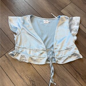 Oh Polly Sky Blue Ruffle Sleeve Blouse